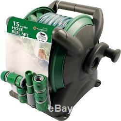 15m Garden Hose Pipe & Compact Wall Reel Fittings Set Standing Wall Mounted New