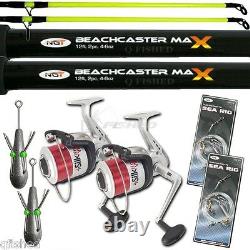 2 x Beachcaster Max 12ft Beachcaster Sea Fishing Rods & Reels + Weights Rigs