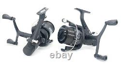 2x Carp Fishing Reels All Black 6000 Black Baitrunner, Spare Spool & Free Line