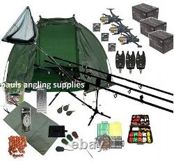 3 Rod Carp Set Up Kit Fishing Rods Reels Alarms Bait Tackle Mat Shelter Net