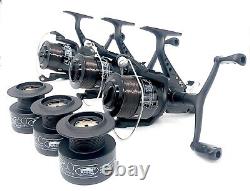 3x Carp Fishing Reels All Black 6000 Black Baitrunner, Spare Spool & Free Line