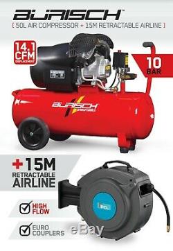 BURISCH Air Compressor 3HP 50L 10Bar + 15m Auto Retractable Airline Hose Reel
