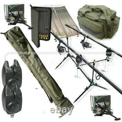 Carp Hunter fishing Tackle Set Up 2 x12ft Rods Reels Alarms 3+3 Holdall+Rigs Pod