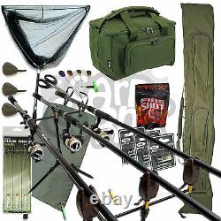 Complete Carp Fishing Set Up 3 Rods Reels Pod Net Alarms Mat Carryall Tackle