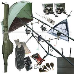 Deluxe Complete Full Carp Fishing Set up With 2x Rods Reels Alarms Tackle & Bait