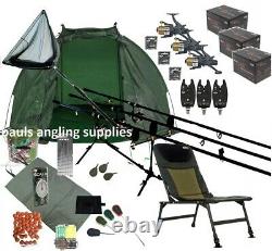 Full 3 Rod Carp Fishing Set Up Kit Rods Reels Chair Alarms Bait Tackle Mat Net