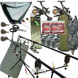 Full Carp Fishing Set Up Complete With 2 Rods Reels Alarms Landing Net Tackle