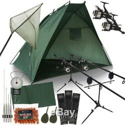 Full Carp Fishing Set Up With Rods Reels Shelter Bite Alarms Bait Needles Tackle