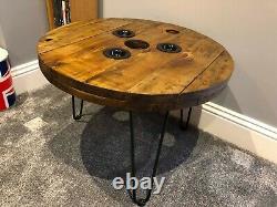 Industrial Wooden Cable Reel Drum Round Coffee Side Table Metal Hairpin Legs