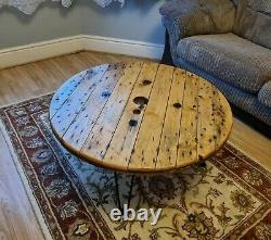 Large Rustic Wooden Coffee Table Industrial Cable Reel Drum Round Spool Garden