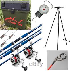 SEA FISHING SET- 2 x 12FT BEACHCASTER RODS REELS TRIPOD SEAT BOX SCALES WEIGHTS
