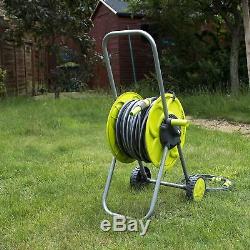 Set Of 50m Hose & Reel Troley Garden Watering Pipe Cart Standing Winder Tube